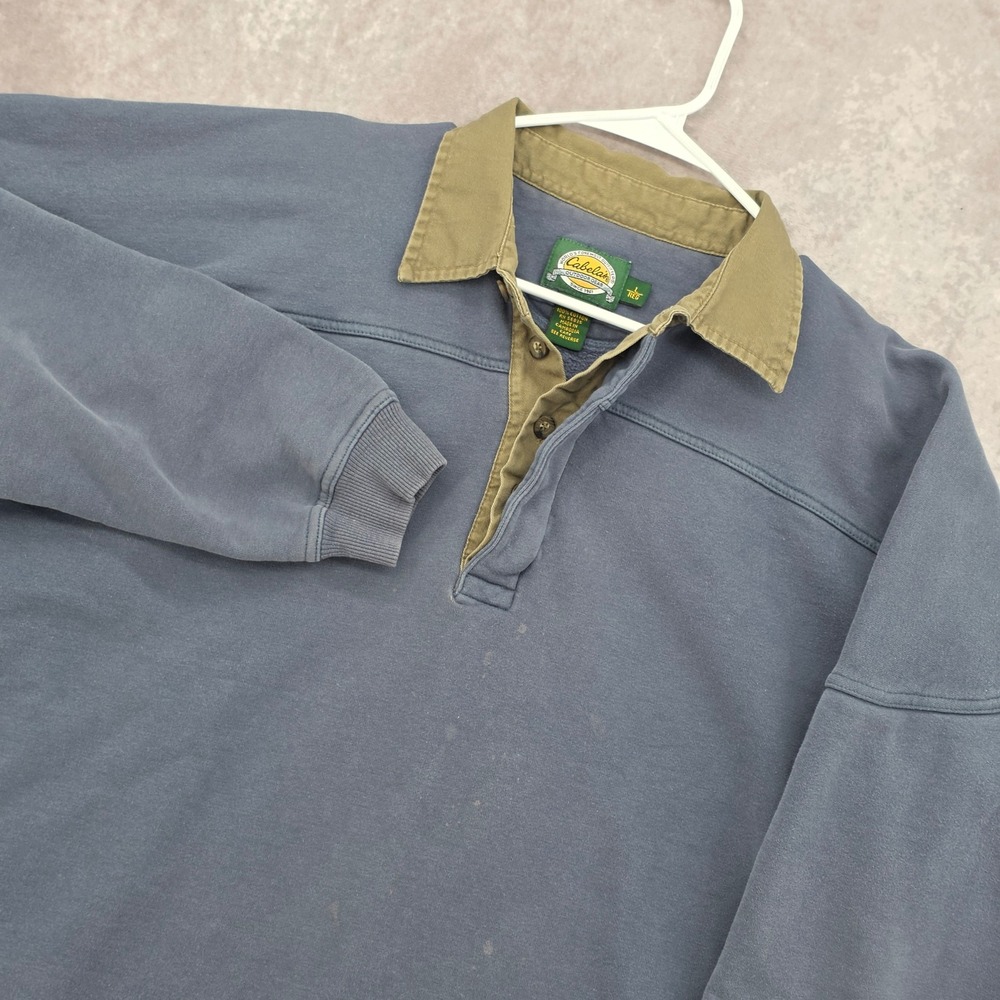 Cabelas Mens Rugby Sweatshirt Blue Large Cotton Fleece Pullover Khaki Collar